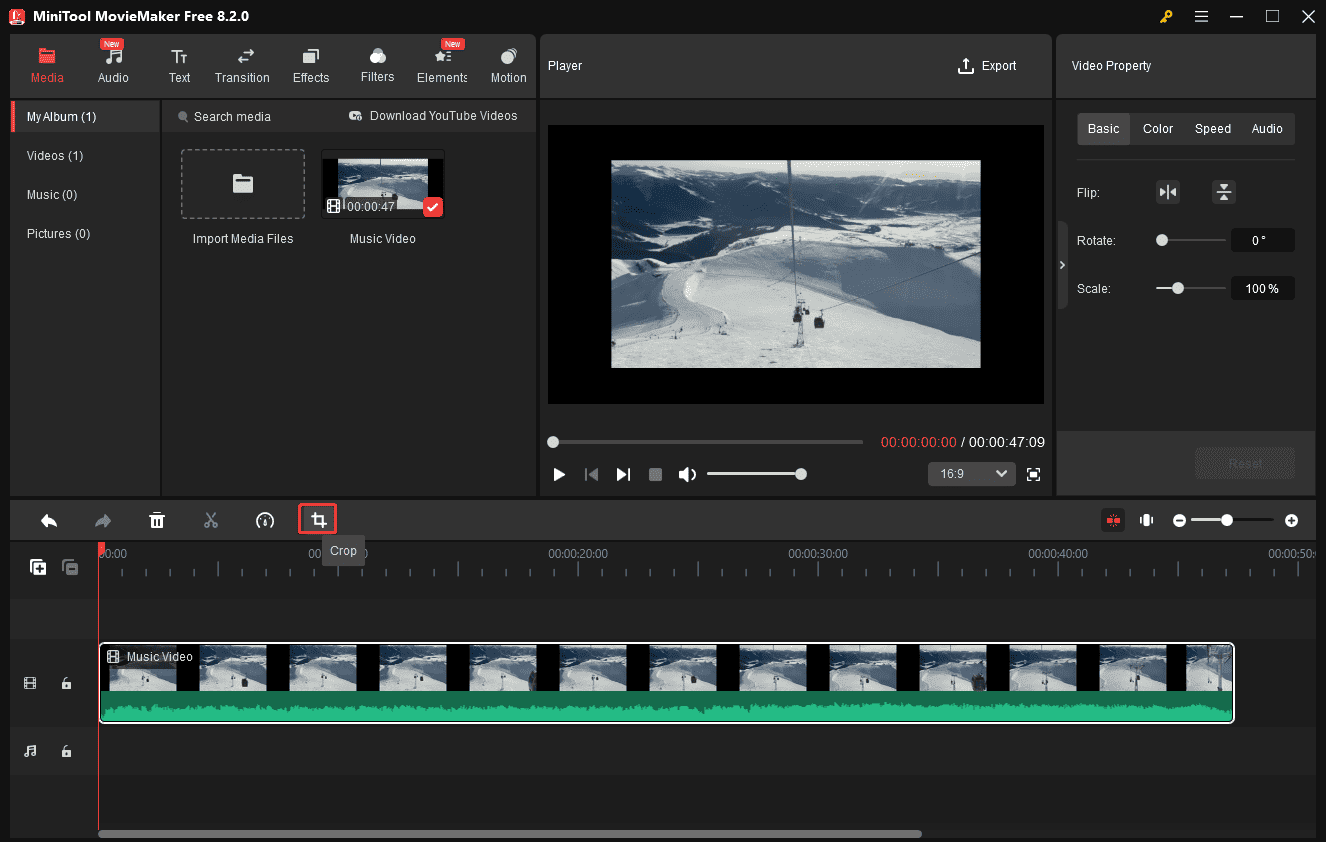 Clique no ícone Cortar no MiniTool MovieMaker