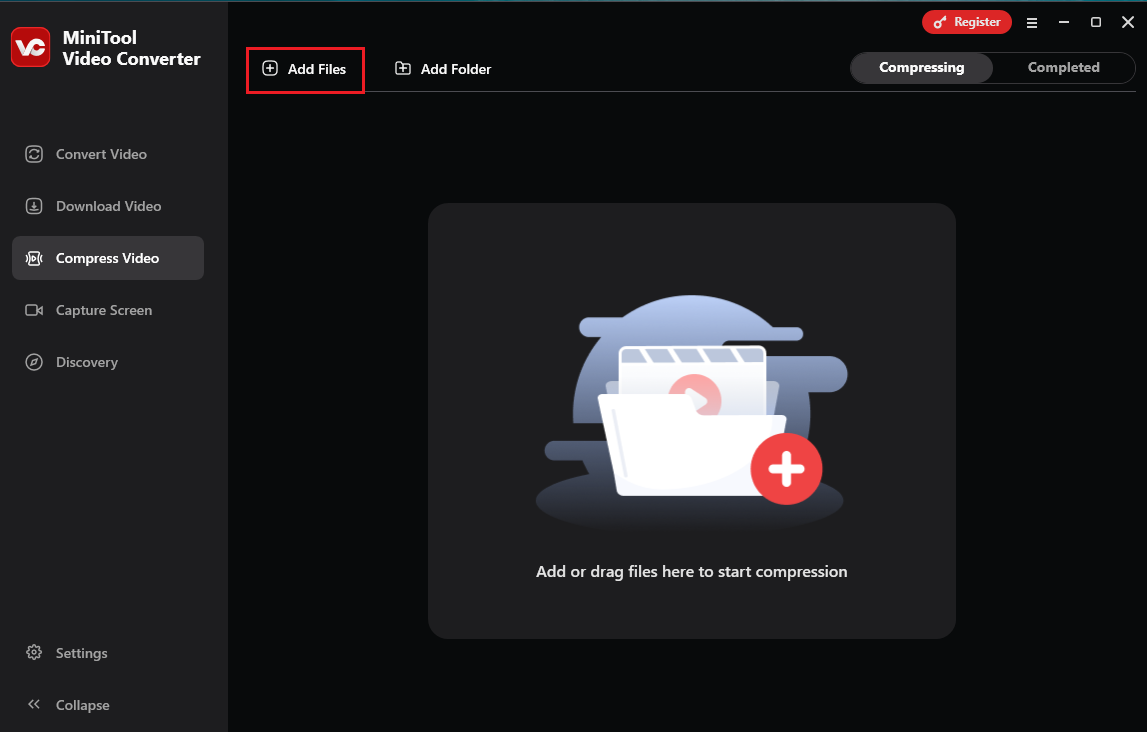 Click the Add Files button in MiniTool Video Converter to import the video you want to compress for Snapchat