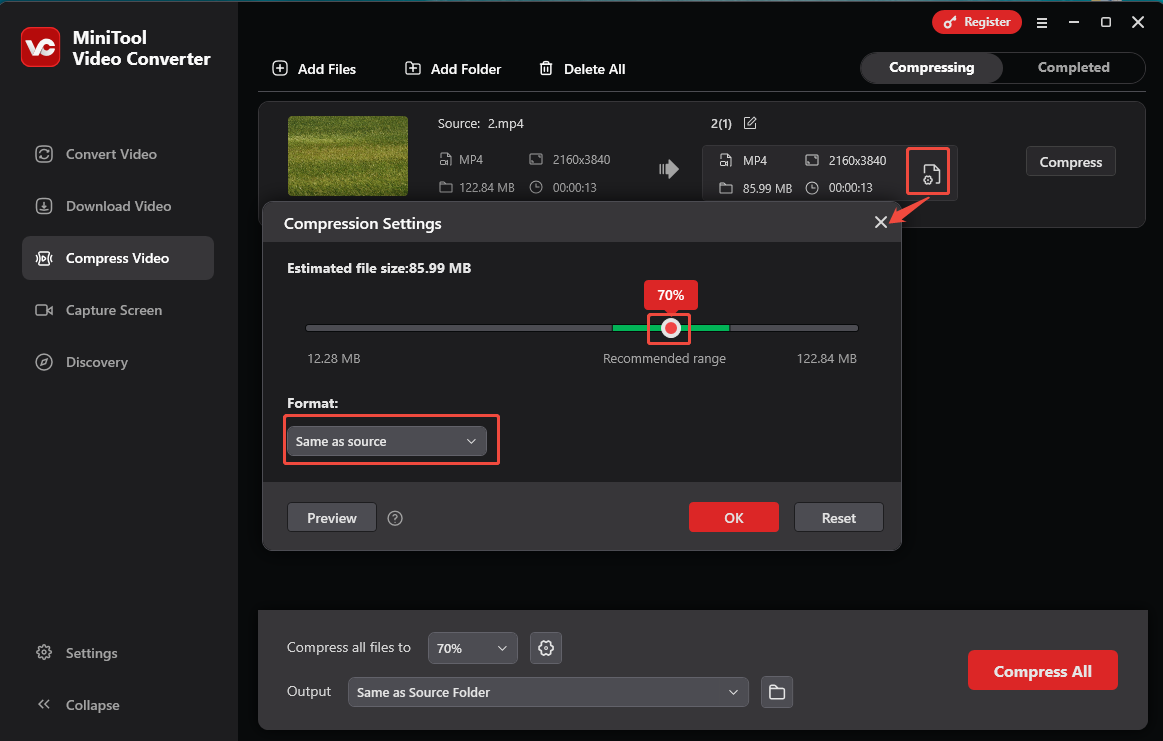 Customize the compression settings in MiniTool Video Converter
