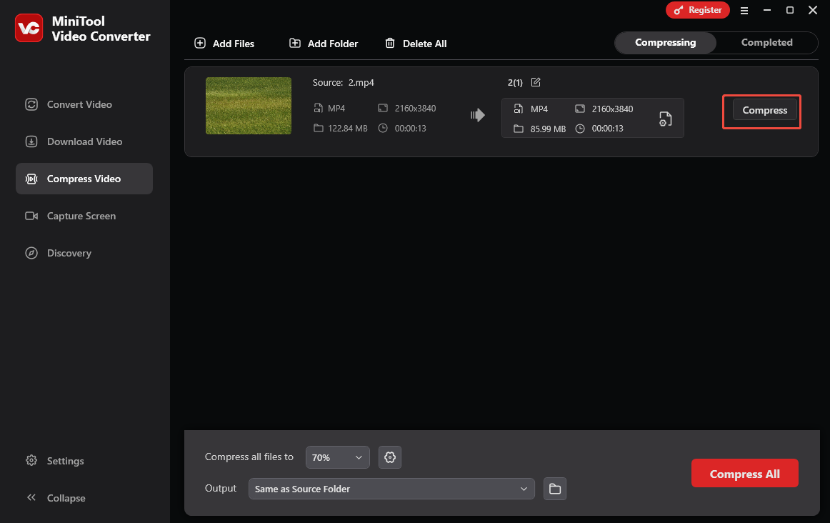 Click the Compress button to reduce the size of your video