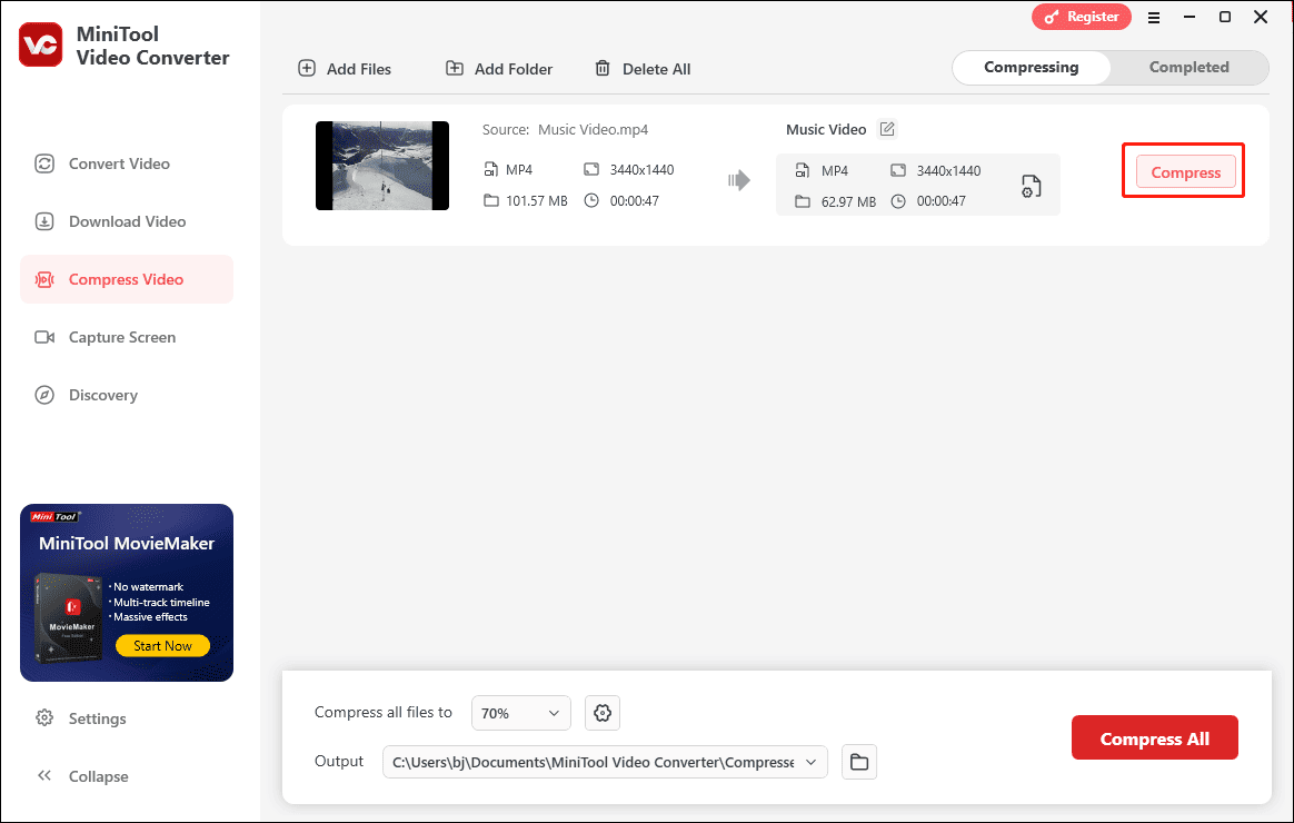 Click Compress to begin the compression in MiniTool Video Converter