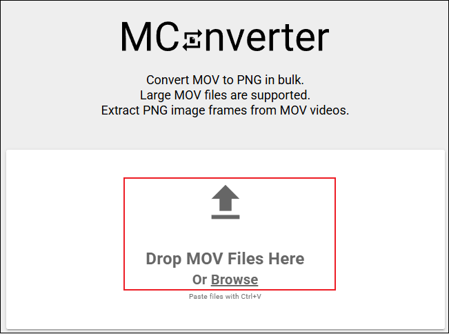 Click on the Drop MOV Files Here Or Browse area to add the MOV file to MConverter