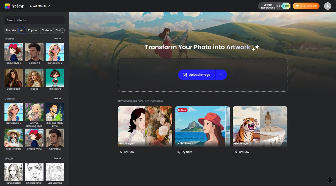The interface of Fotor GoArt