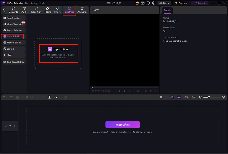 Click on Subtitles from the top menu, choose Local Subtitles, and click Import Files to add the target VTT file in HitPaw Edimakor
