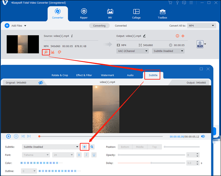 Click the Edit icon, go to Subtitle, and click the + icon next to the Subtitle option to import the target VTT file to 4Easysoft Total Video Converter