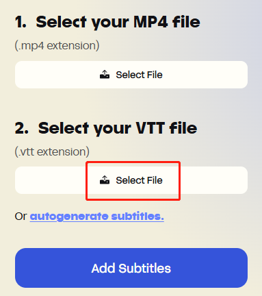 Click the lower Select Files button in Happy Scribe to import the target VTT file