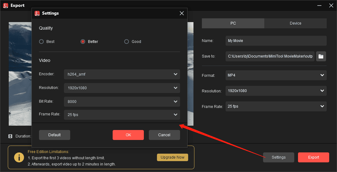 Modify output settings in MiniTool MovieMaker