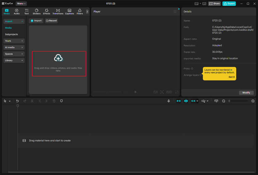 Click on the Drag and drop videos, photos, and audio files here area to add the F4V video in CapCut