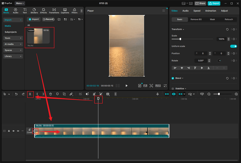 Trim and split the F4V video in CapCut