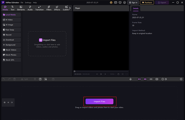 Click the Import Files button to add the F4V video to HitPaw Edimakor