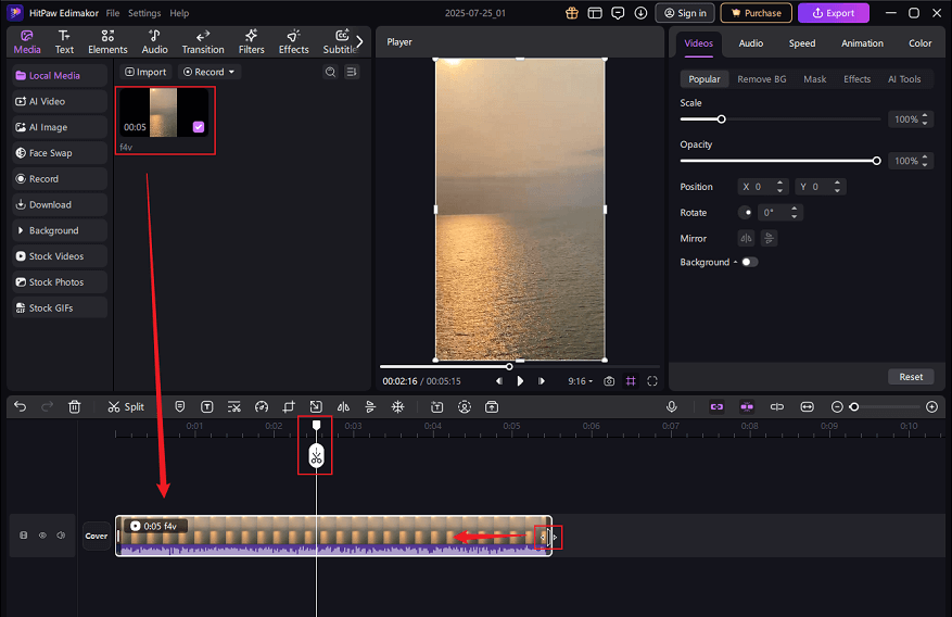 Trim and split the F4V video in HitPaw Edimakor