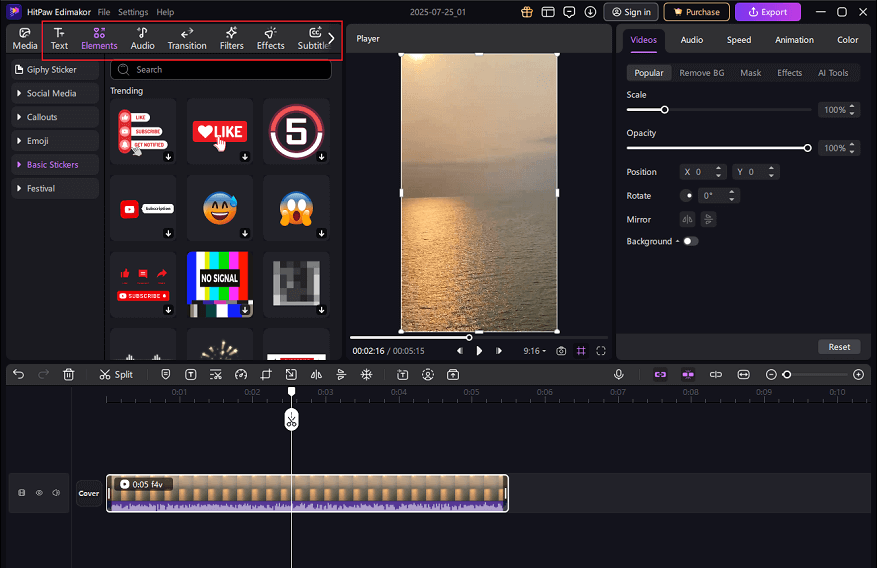 Select and add elements, filters, transitions, etc. to the F4V video in HitPaw Edimakor