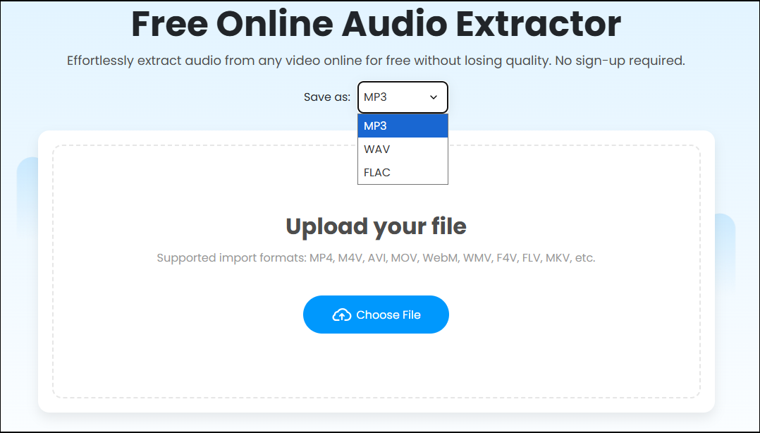 Expand the Save as option and choose an audio format as the output audio format in Fineshare Audio Extractor