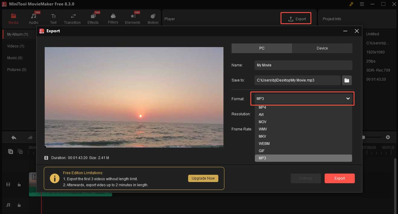 Choose MP3 as the output format and click the red Export button to extract audio from your video