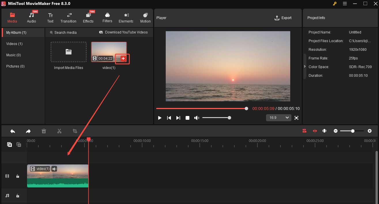 Click the + icon on the video thumbnail to add the video to the timeline