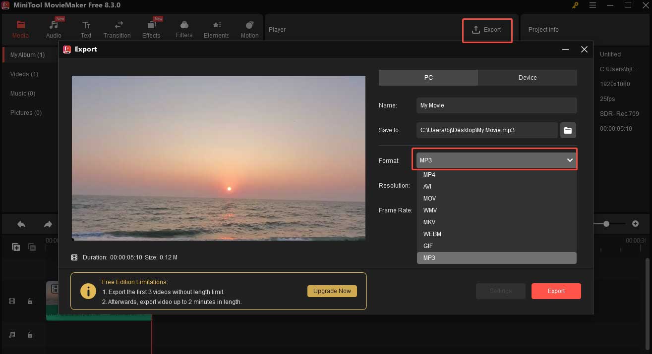 Choose MP3 as the output format and click Export to extract audio from Teams recording using MiniTool MovieMaker