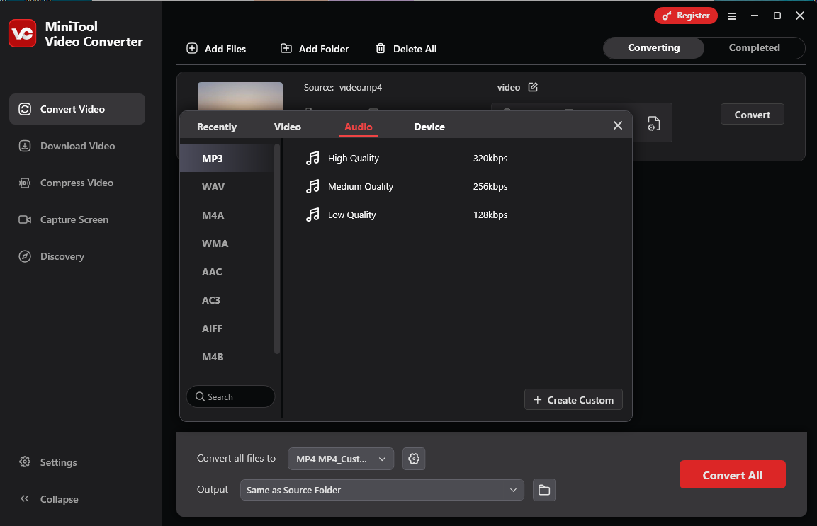 Click the Settings icon, go to the Audio tab, and choose an audio format you like from the list