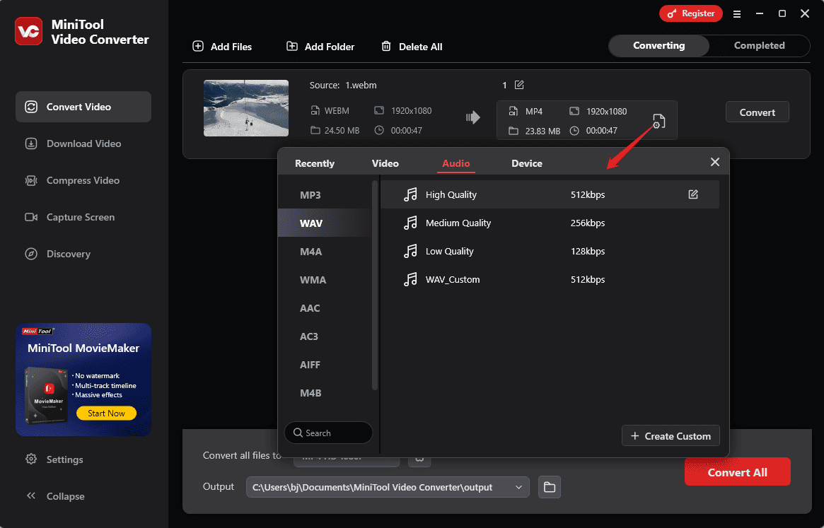 Choose an audio format in MiniTool Video Converter