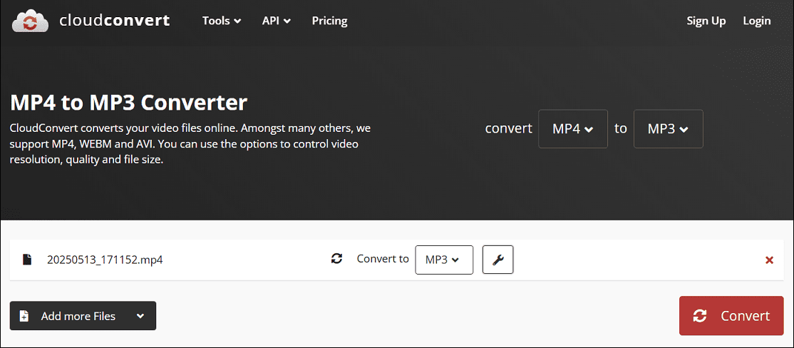 Choose an audio format to convert WebM using CloudConvert