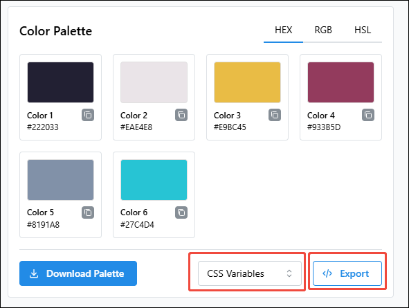 Click Export to export all colors as CSS variables, SCSS, or JSON