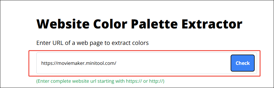 Enter the URL of the target web page and click Check to extract colors