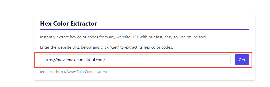 Enter the website URL into the box and click Get to extract its hex color codes