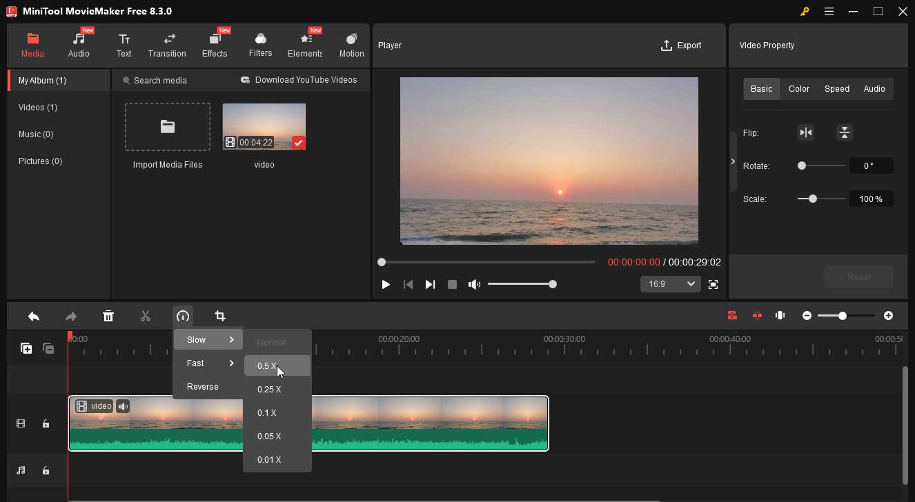 Click the Speed icon, choose Slow, and choose a speed from the list to make the clip longer