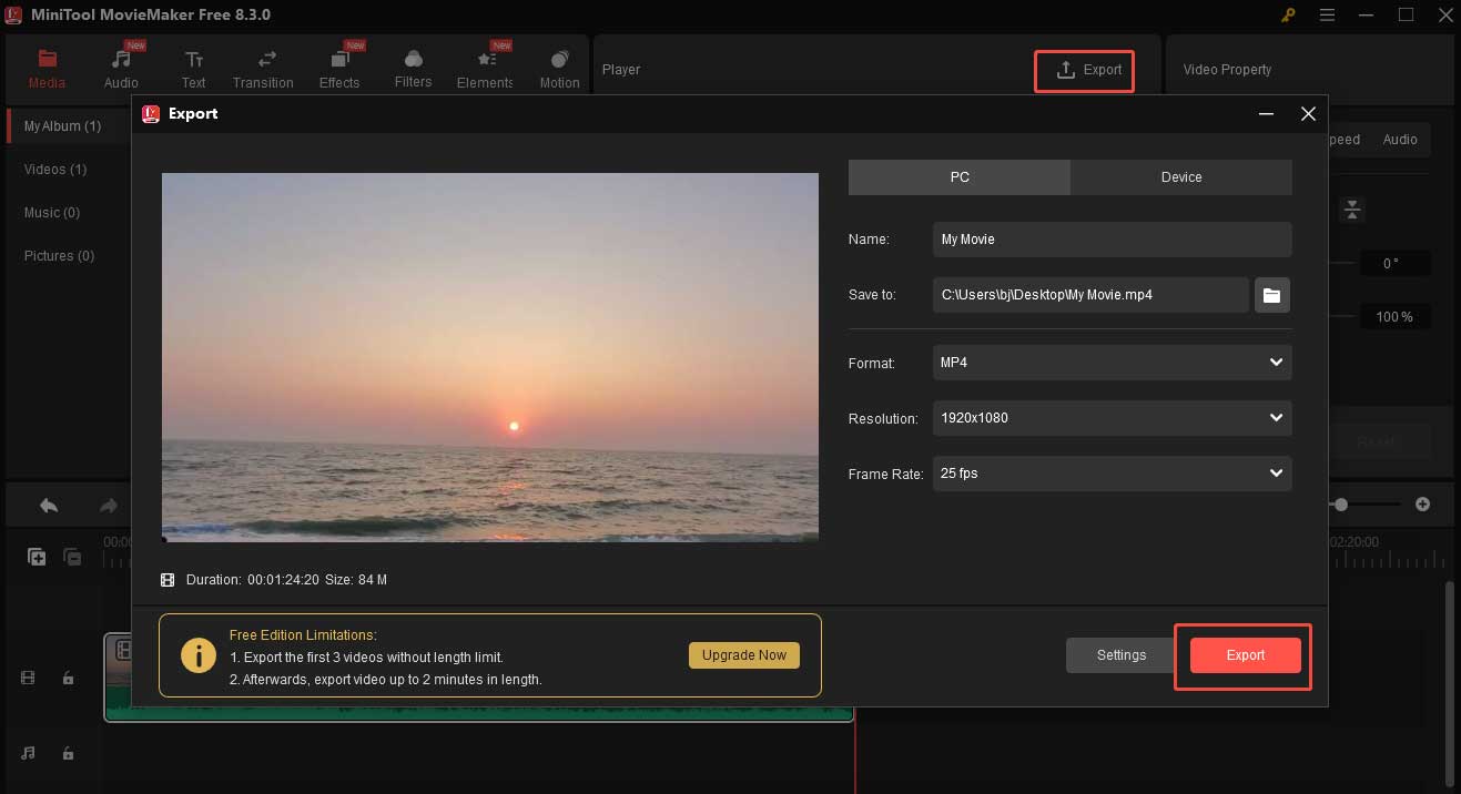 Click the red Export button to save the clip on your device