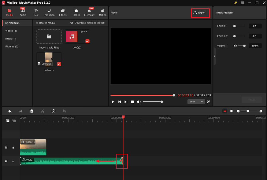 Trim the audio as you prefer and click Export to access the Export window