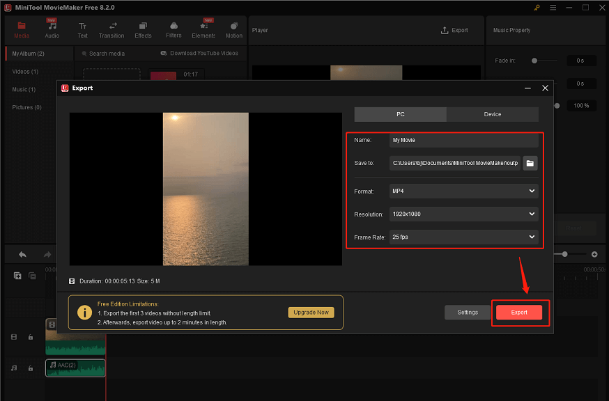 Adjust some settings for the video in MiniTool MovieMaker’s Export window