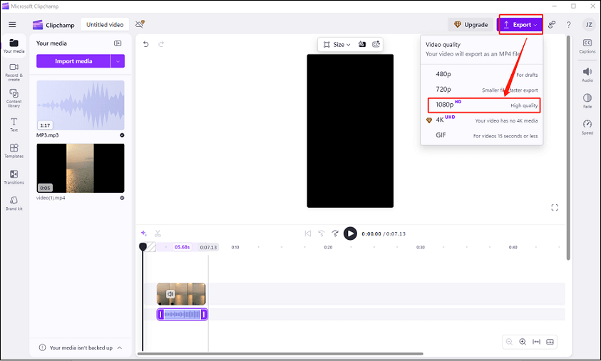 Click the Export button and select the output resolution in Clipchamp to export the video