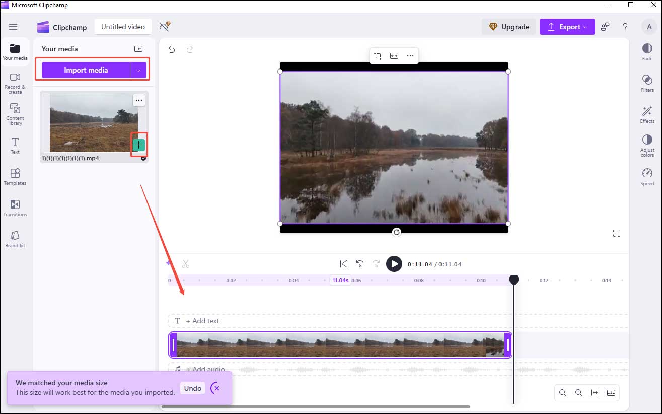 Click Import media to load the Google Meet recording and click the + icon to add it to the timeline