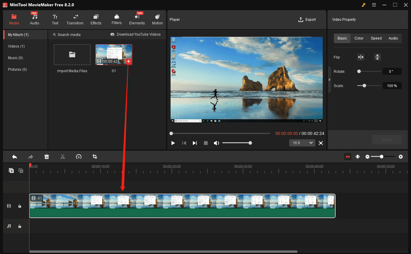 Click the + icon on the video to add it to the timeline in MiniTool MovieMaker