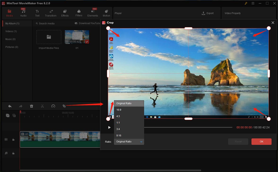 Open the Crop window to crop the video in MiniTool MovieMaker
