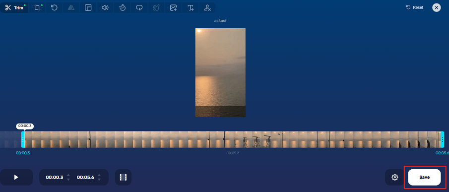 Click the Save button at the bottom right in Online Video Cutter to save the edited ASF video