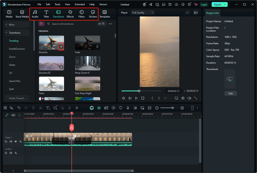 Add transitions, titles, filters, etc. to the video in Wondershare Filmora
