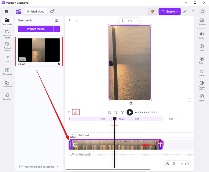 Trim and split the ASF video in Clipchamp