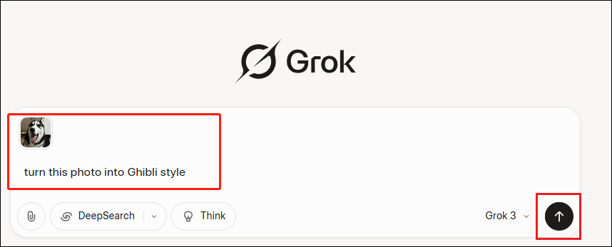 Enter a generation prompt and click Send in Grok 3 for generating a Ghibli image