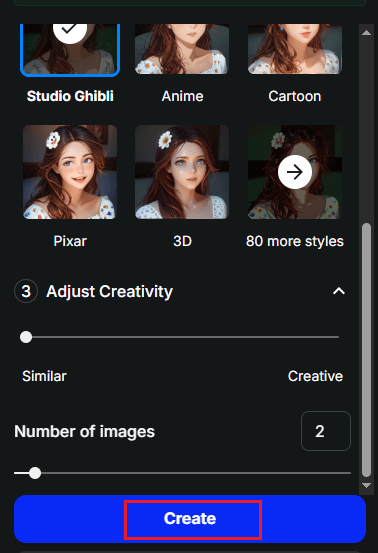 Select a style, adjust creativity, change the number of images, and click the Create button in Open Art to generate a Ghibli image
