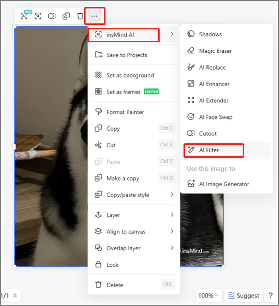 Click the three-dot icon, choose inMind AI, and choose AI Filter in insMind for Ghibli image generation