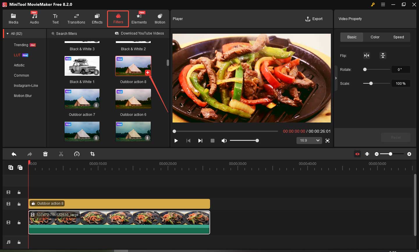Click the plus icon to add the filter to the video in the MiniTool MovieMaker