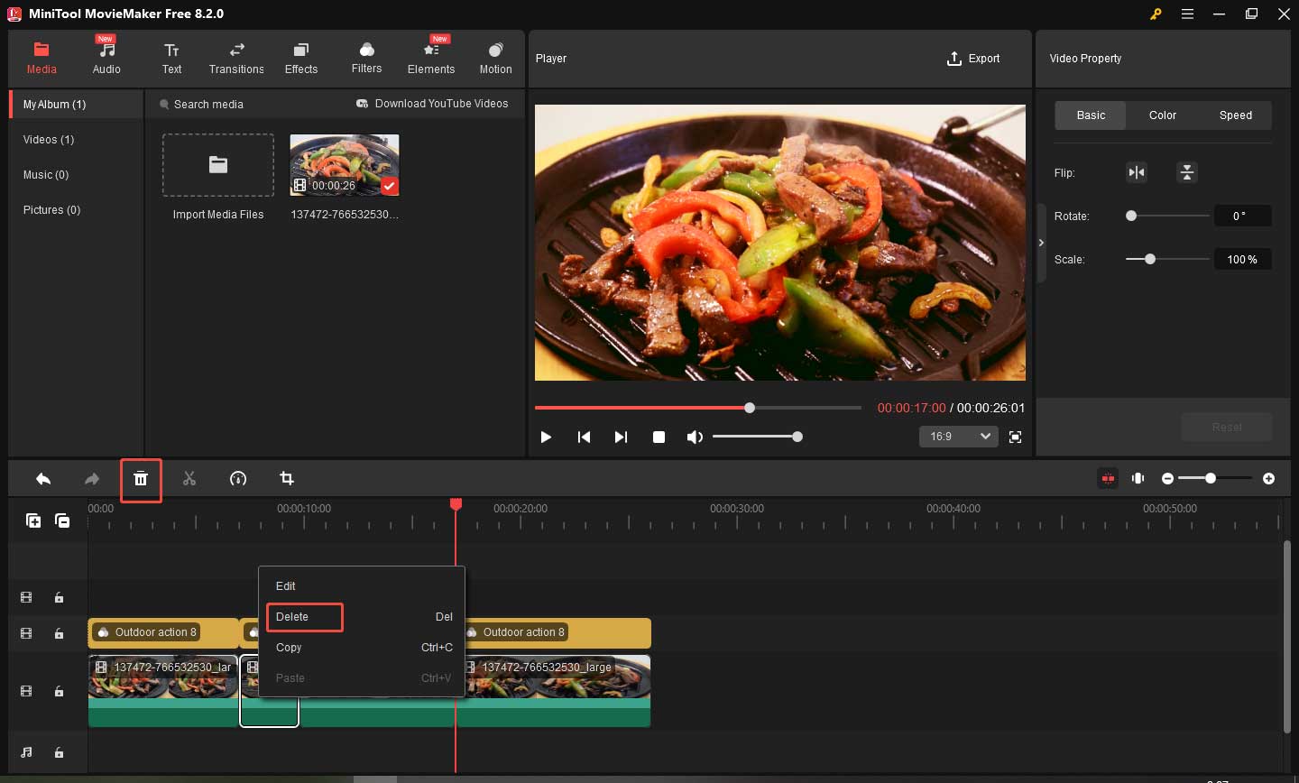 Choose the Delete option after right-clicking on the target video clip to remove it in MiniTool MovieMaker