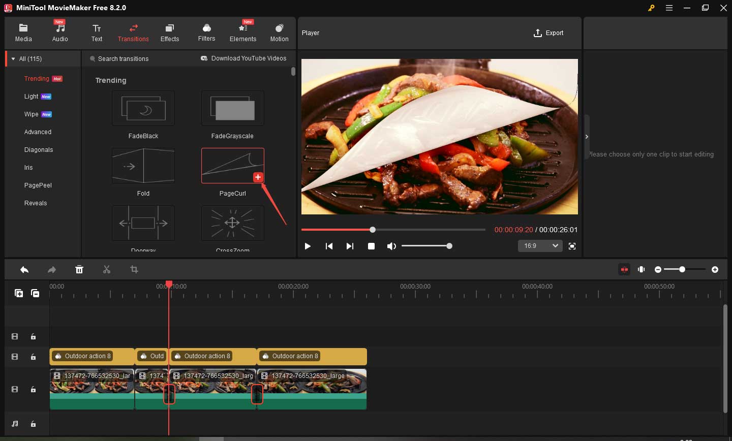 Click the plus icon on your desire transition to apply it to the target video clip in MiniTool MovieMaker