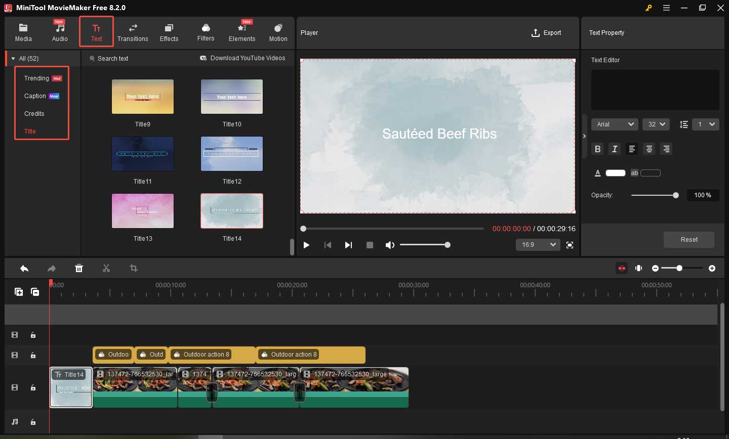 Choose a Title template to add text to the video in MiniTool MovieMaker