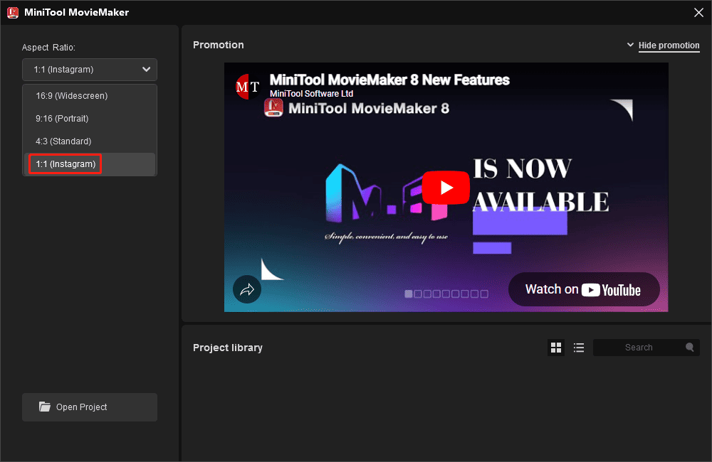 Set the project aspect ratio to 1:1 in MiniTool MovieMaker
