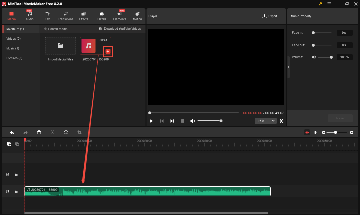 MiniTool MovieMakerで曲をタイムラインに追加する