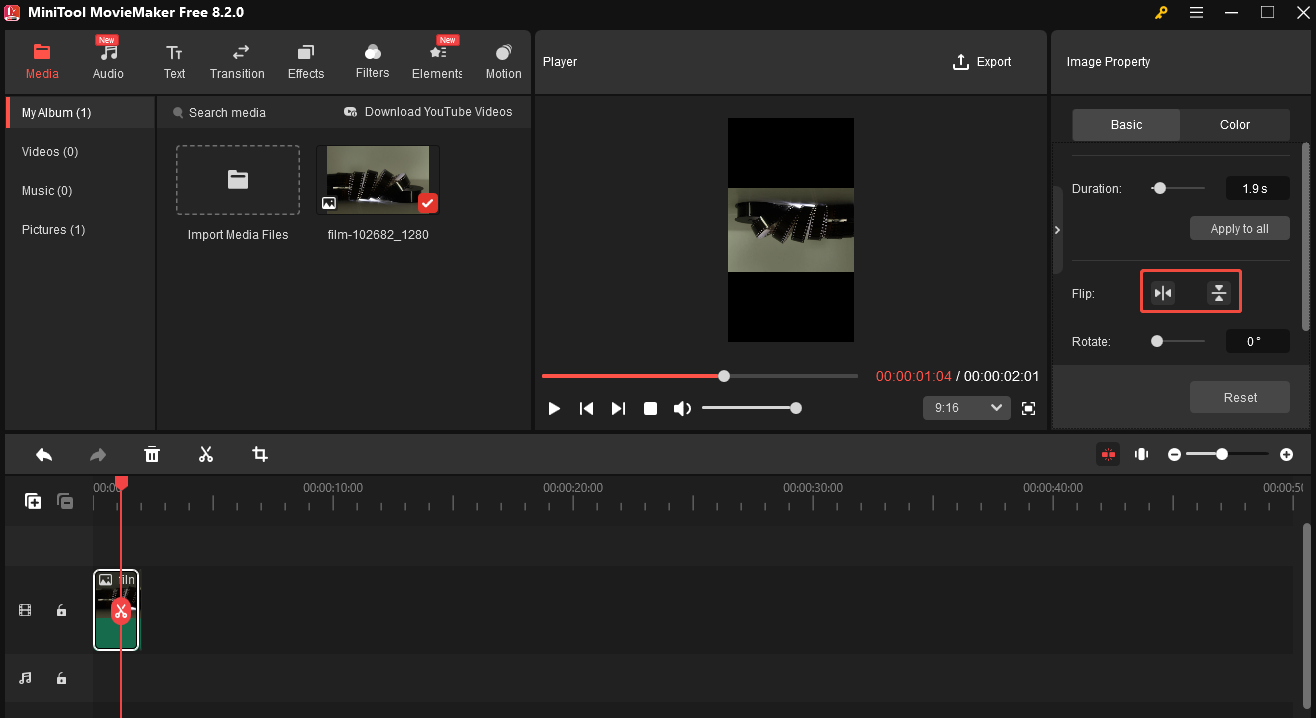 Click the Flip Horizontal or Filp Vertical icon in MiniTool MovieMaker