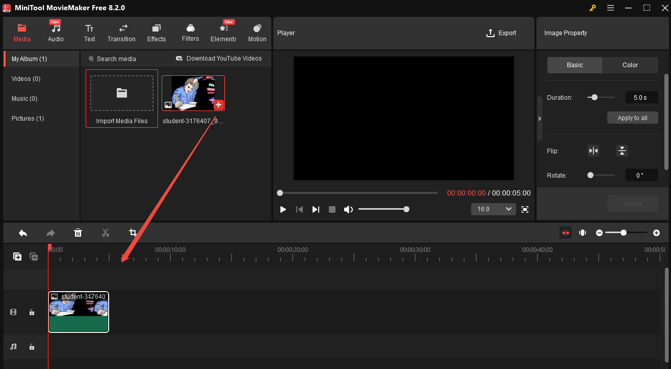 Click Import Media Files to load your image and click the + icon to add it to the timeline