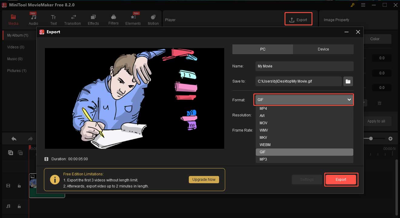 Choose GIF as the output format and click Export