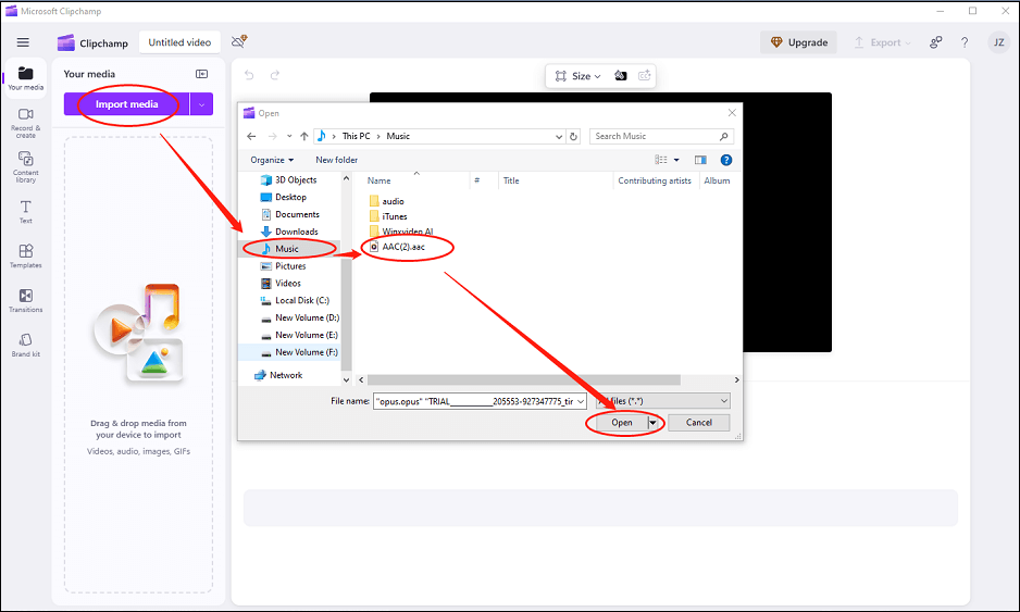 Click the Import media button to add the AAC audio to Clipchamp for splitting